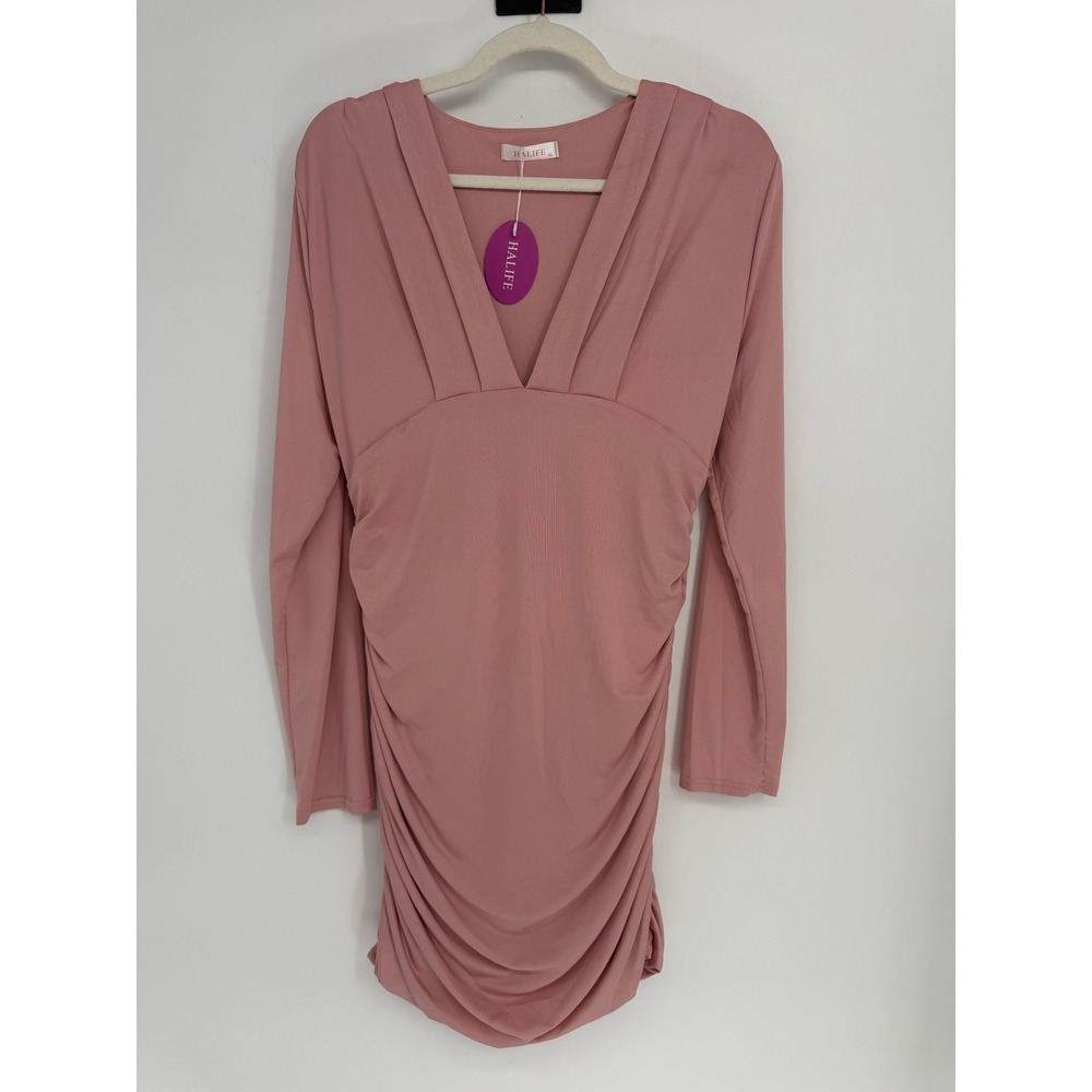 Halife Women Mauve Pink Ruched Bodycon Mini Dress V-Neck Long Sleeve XL NWT
